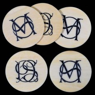 Appraisal: Set of Five Scrimshawed Ivory Poker Chips Initialed D S