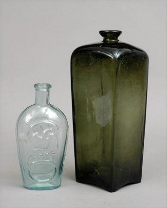 Appraisal: Olive Green Glass Bottle and a Mold-Blown Blue Glass Flask