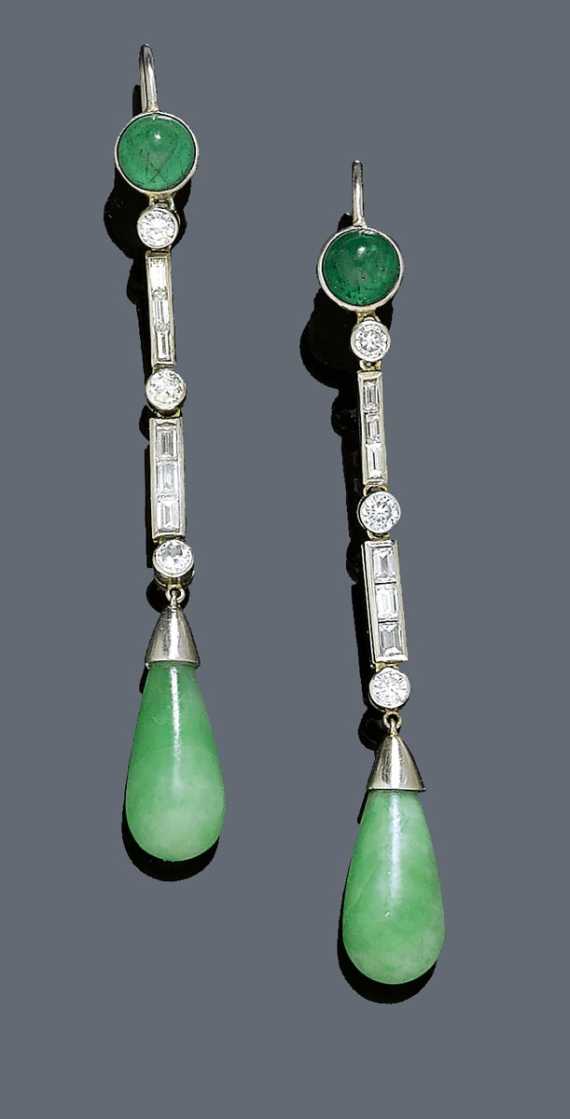 Appraisal: JADEITE DAIMOND AND EMERALD EAR PENDANTS ca Platinum Attractive ear