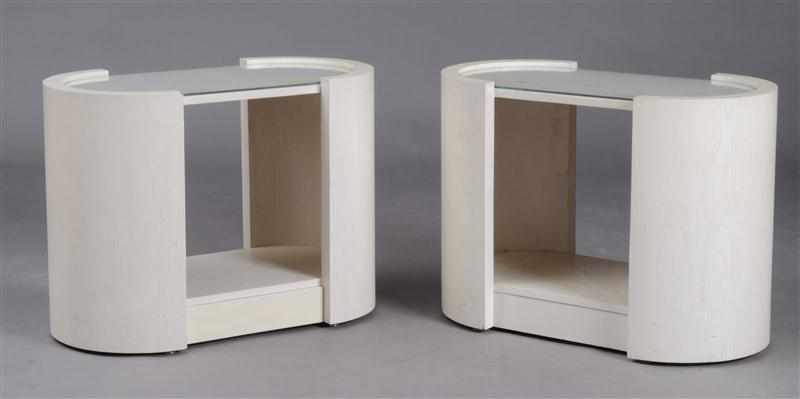 Appraisal: PAIR OF KARL SPRINGER STYLE WHITE-PAINTED OAK END TABLES Each