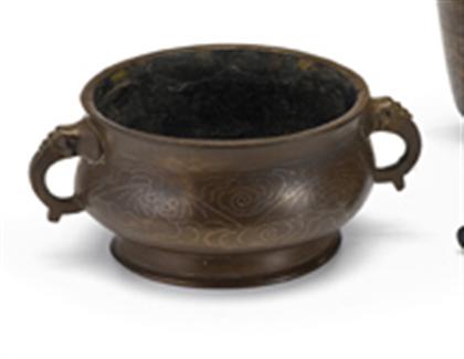 Appraisal: Chinese silver inlaid bronze censer inlaid yutang shisou th century