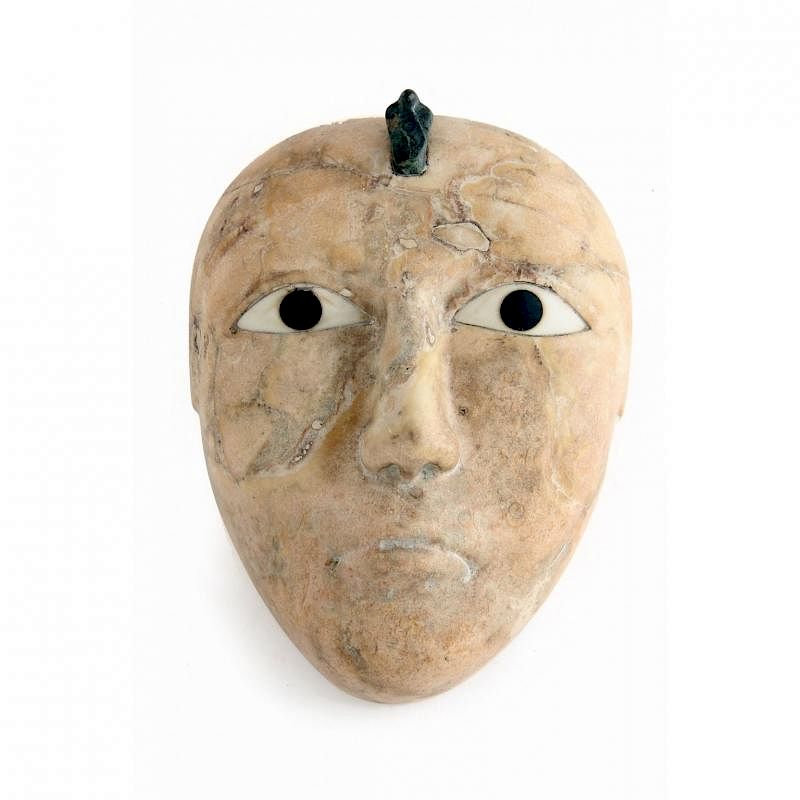 Appraisal: Egyptian Style Inlaid Marble Head uniface carved of polished pink