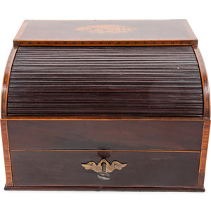 Appraisal: A Regency Marquetry and Parquetry Decorated Mahogany Tambour-Front Writing Box