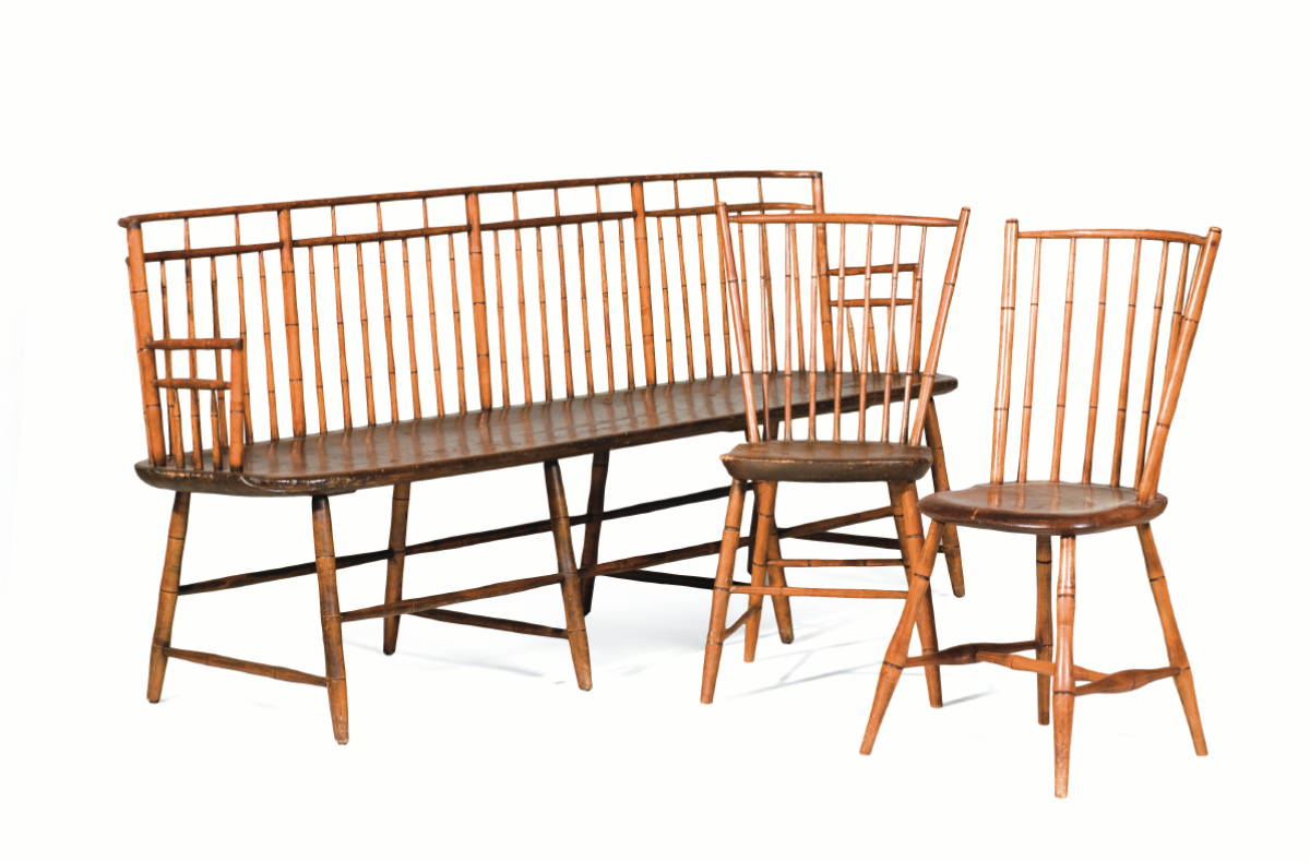 Appraisal: AMERICAN BIRDCAGE WINDSOR BENCH The curved back with bamboo turnings