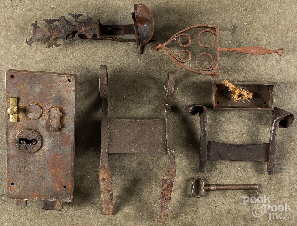 Appraisal: Metalware to include an early door lock Metalware to include