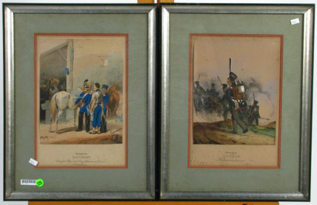 Appraisal: Antique Pair of European hand-colored lithographs depicting military figures size