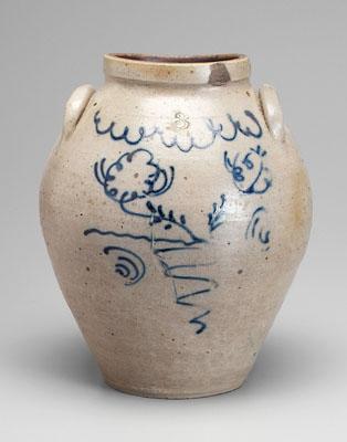 Appraisal: Salt glazed jar ovoid with impressed cobalt flourishes and squiggly