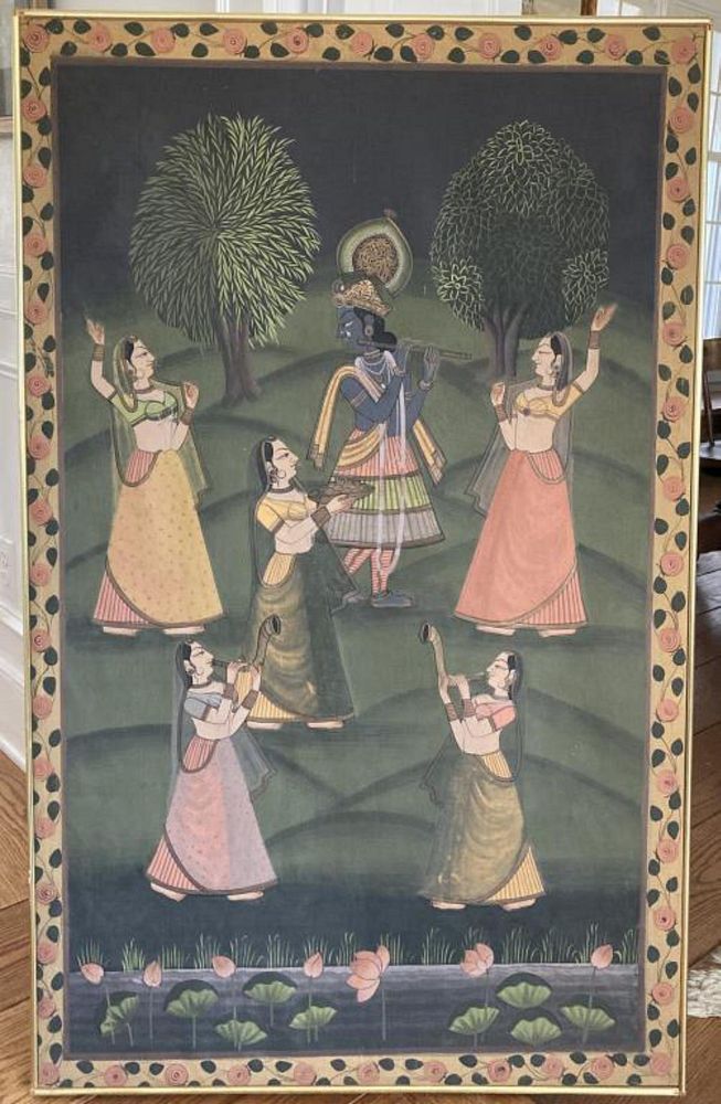 Appraisal: Framed Indian Painted Hanging Musicians Krishna with musicians and dancers