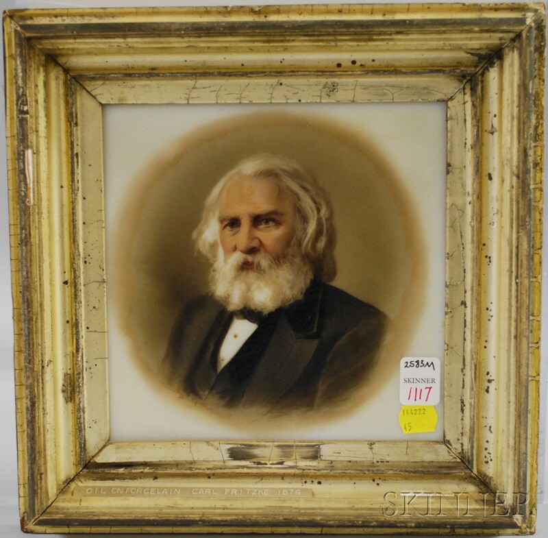 Appraisal: Giltwood Framed Hand-painted Portrait of Henry Wadsworth Longfellow on Porcelain