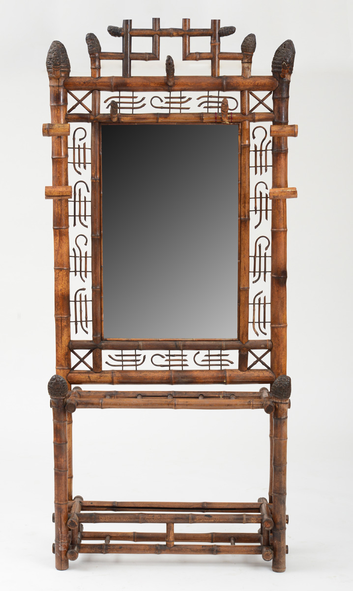 Appraisal: BAMBOO HALL STAND With central beveled mirror plate surmounted by