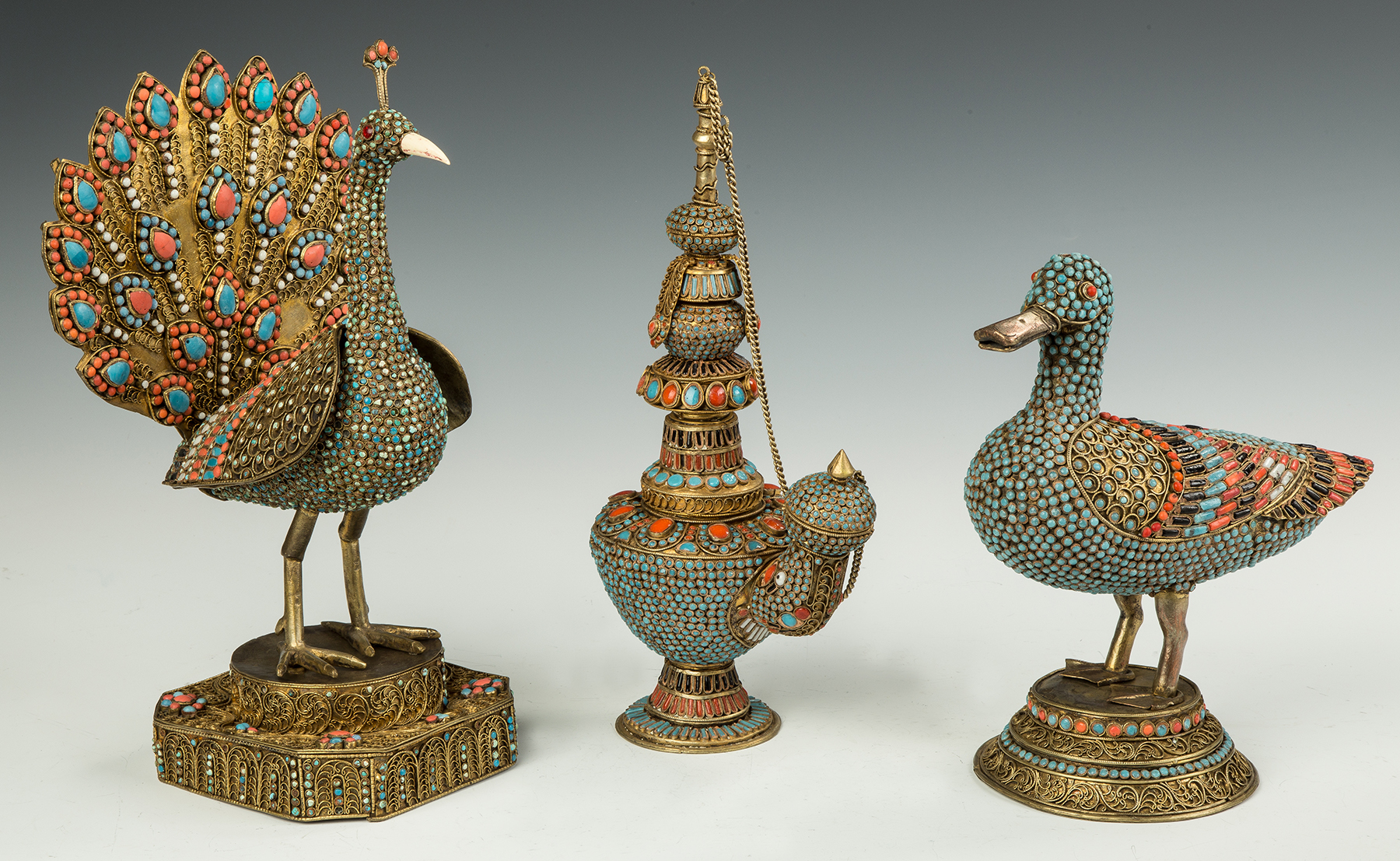 Appraisal: Gilded Metal Jeweled Turquoise and Coral Birds and Ewer