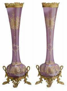 Appraisal: Pair Blown and Cut Glass Tall Trumpet Vases on Stands