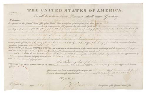 Appraisal: ADAMS JOHN QUINCY Partly-printed vellum Document Signed as President land