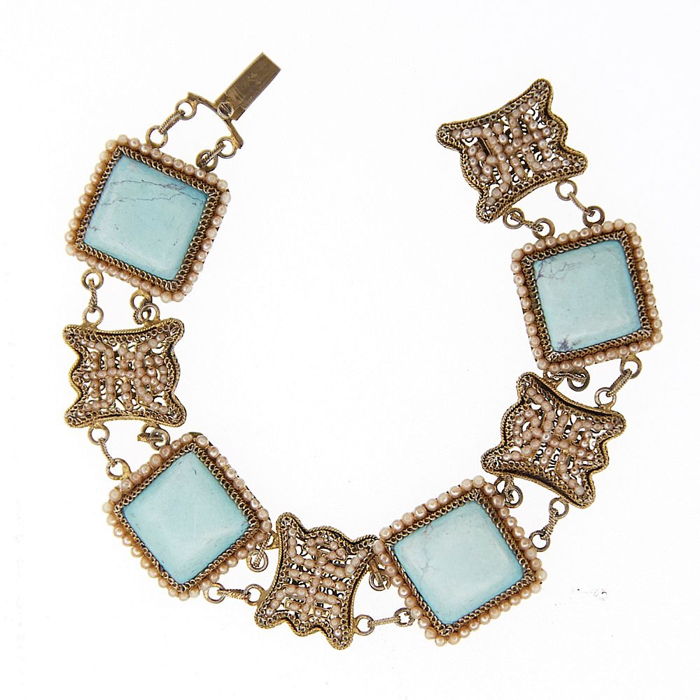 Appraisal: Chinese Silver Turquoise and Seed Pearl Bracelet A wonderful Chinese