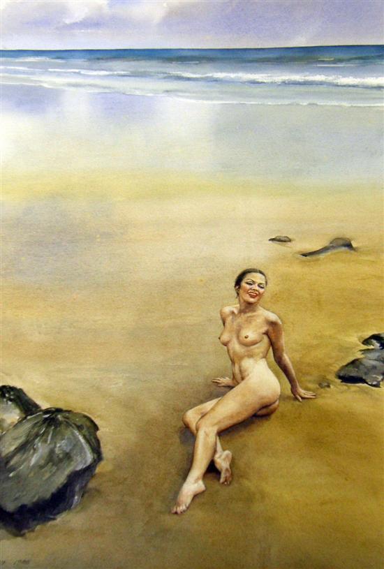 Appraisal: Wilfred G May watercolour beach scene with reclining nude signed