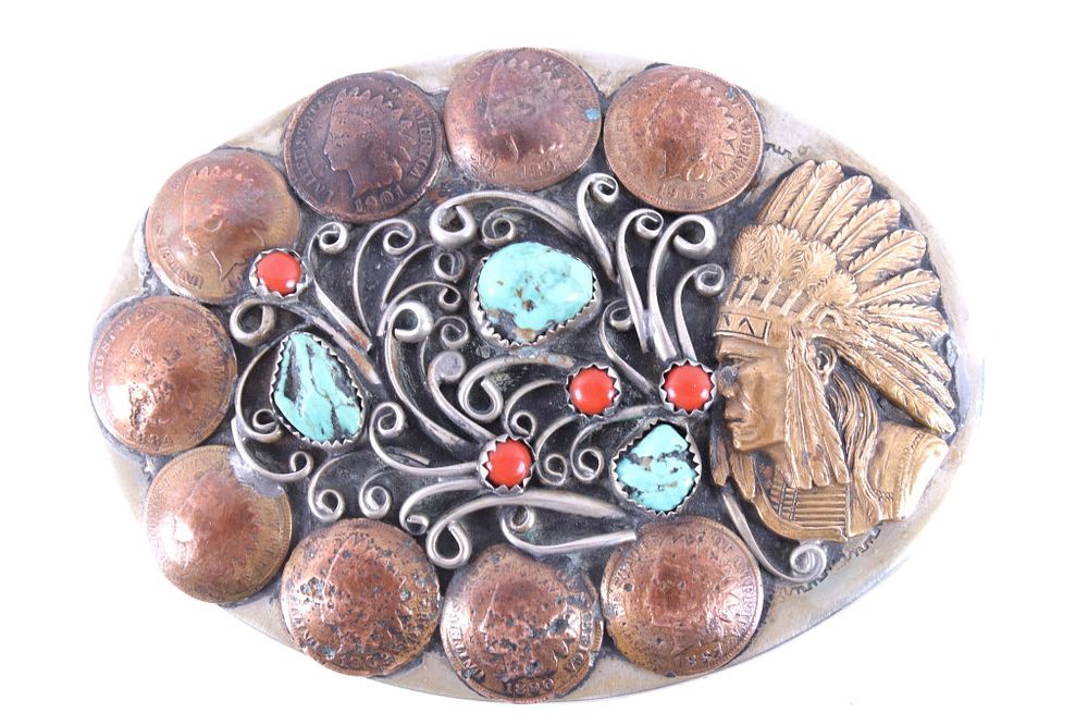 Appraisal: Navajo Nickel Silver Penny Turquoise Coral Buckle For your consideration