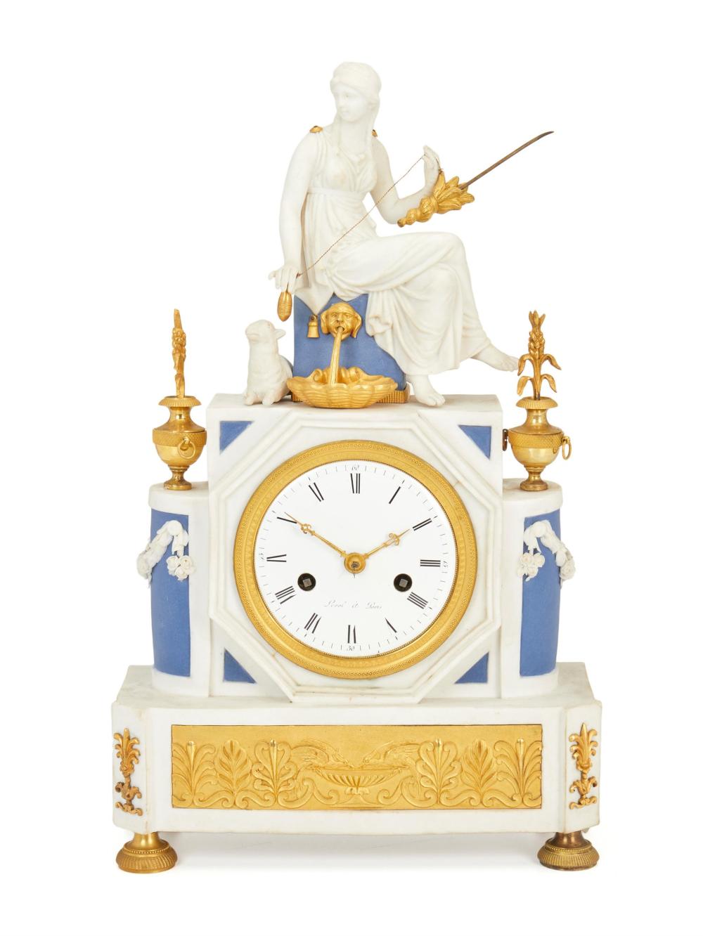 Appraisal: A S vres-style French Empire bisque porcelain figural mantle clock