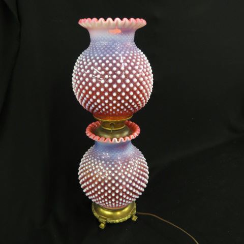 Appraisal: Cranberry Opalescent Art Glass Banquet Lamp hobnail decor matching globe