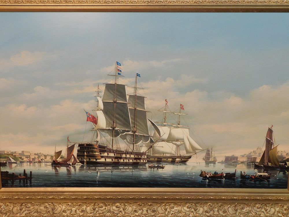 Appraisal: COLACICCO PAINTING WARSHIPS Large vintage oil painting on wood panel