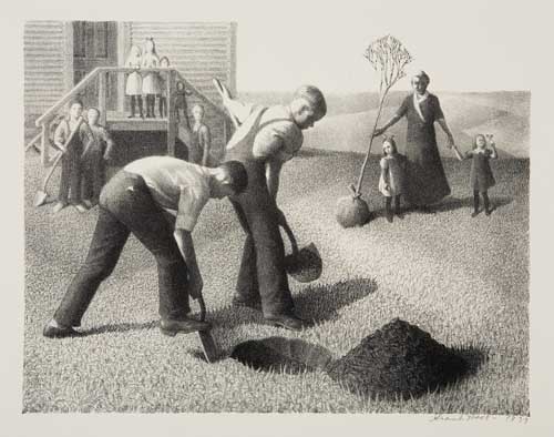 Appraisal: GRANT WOOD Tree Planting Group Lithograph x mm x inches