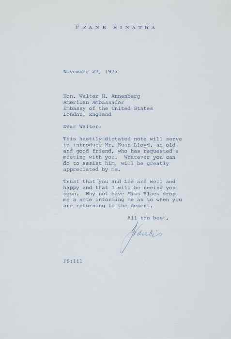 Appraisal: Sinatra Frank A typed letter signed Francis to Walter H