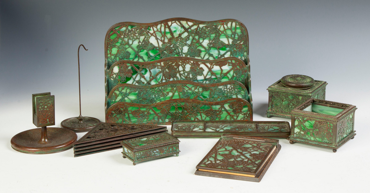 Appraisal: Tiffany Studios Desk Set -Grape Leaf Pattern Marked Tiffany Studios