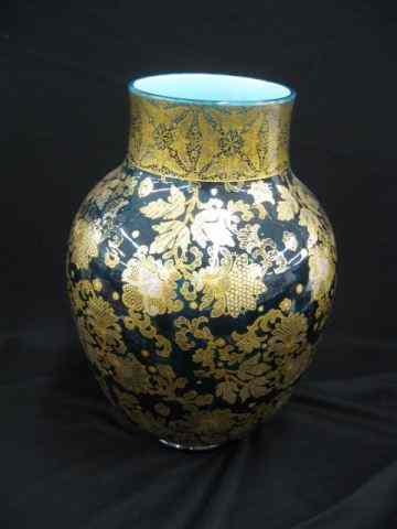 Appraisal: Sarreguemines French Majolica Vase elaborate gold floral on blue to