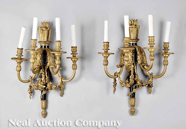 Appraisal: A Pair of Louis XVI-Style Bronze Wall Sconces th c