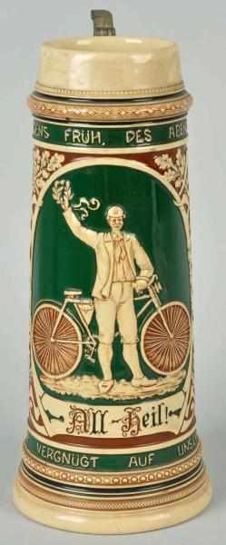 Appraisal: German Pottery Liter Stein Depicting men and women riding bicycles