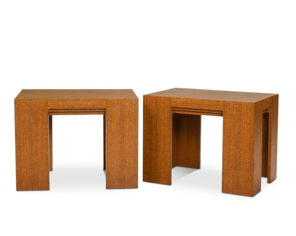 Appraisal: A pair of Karl Springer-style lacquered raffia covered side tables