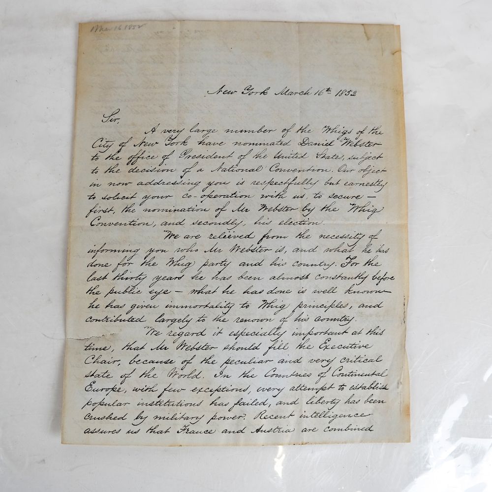 Appraisal: Daniel Webster Letter New York March Whig Party endorsement of