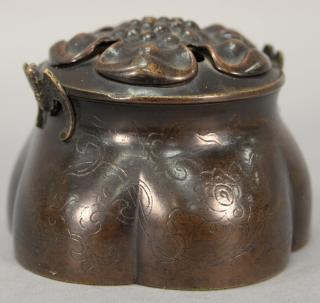 Appraisal: Chinese bronze censor having flower form cover applied bat handles