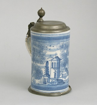 Appraisal: A Blue White Delftware Pewter Mounted Tankard A blue white