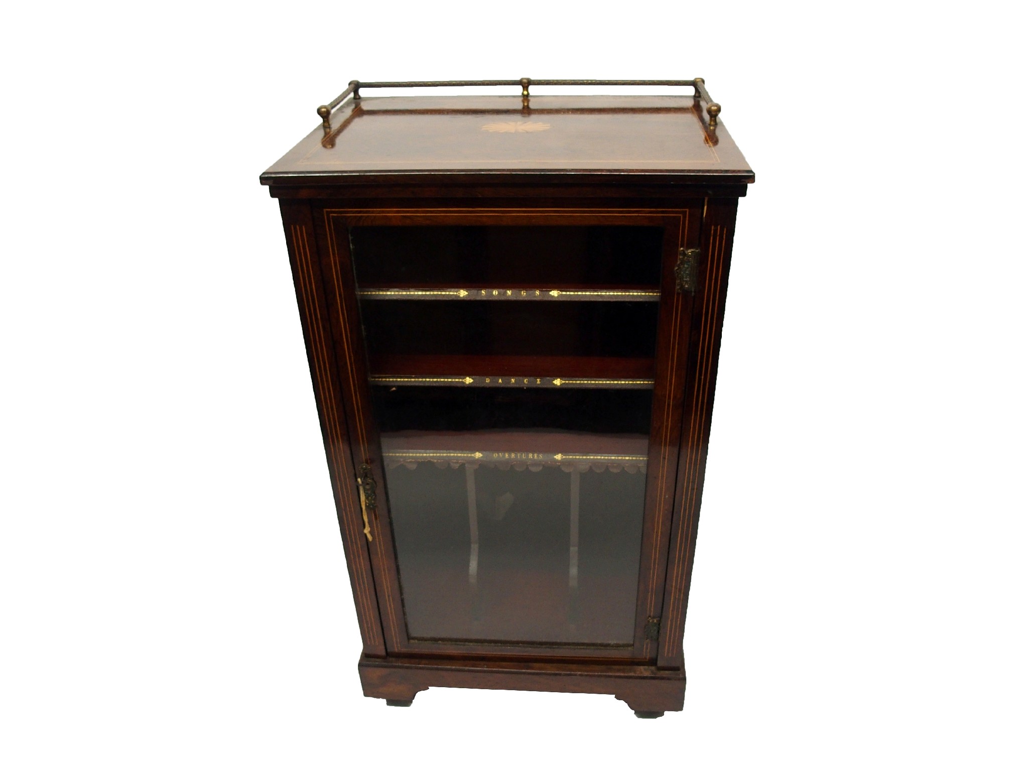 Appraisal: A Victorian rosewood music cabinetthe three quarter brass rail above