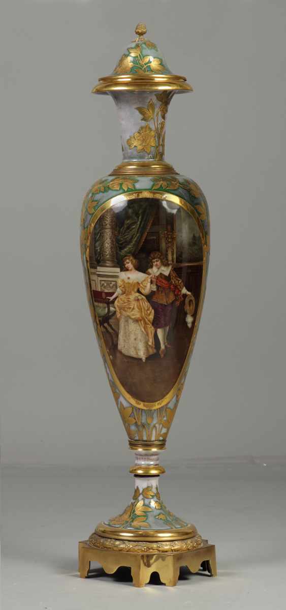 Appraisal: Fine Monumental Royal Vienna Porcelain Vase Enameled gilt bronze mounts