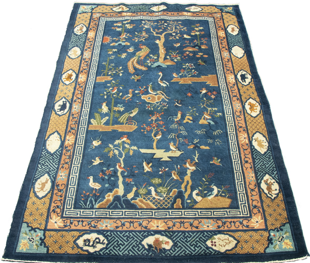 Appraisal: CHINESE PICTORIAL RUG Overall design of cranes peacocks and various