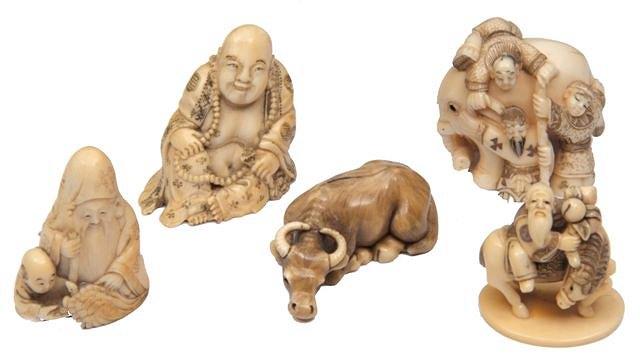 Appraisal: A GROUP OF FIVE JAPANESE CARVED IVORY NETSUKE of varying