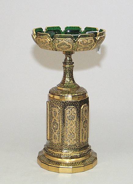 Appraisal: A Bohemian gilt decorated green glass tazza on pedestal base