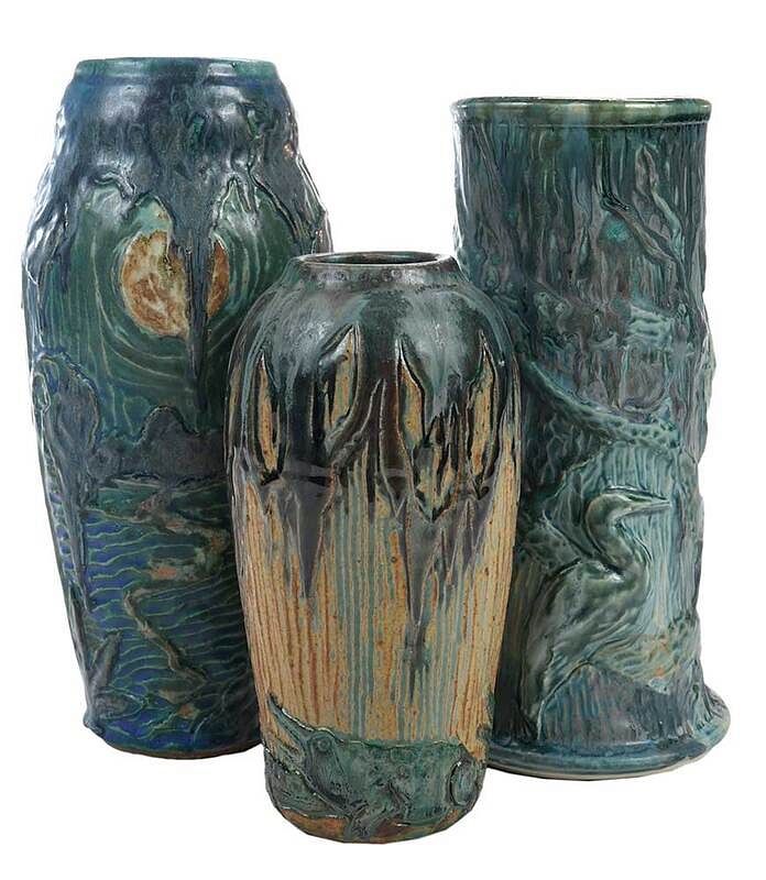 Appraisal: Three M Cushman Florida Faience Pottery Vases circa three carved