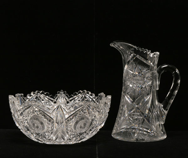 Appraisal: American brilliant cut glass bowl and pitcher star patterns Pitcher