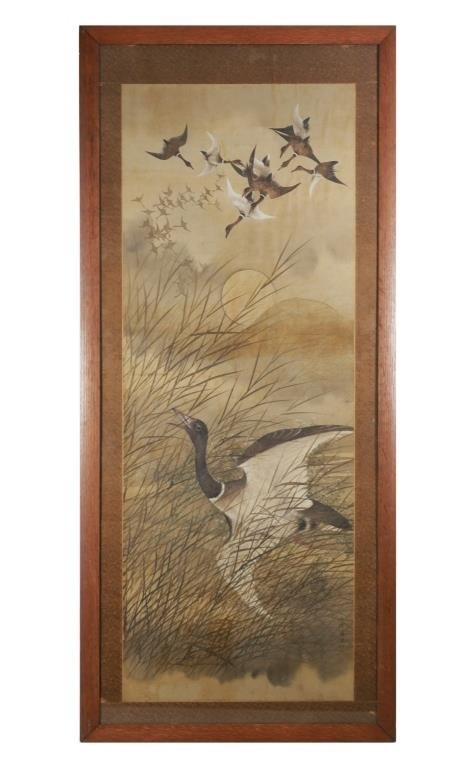 Appraisal: Antique Chinese scroll painting of ducks Paper laid on silk