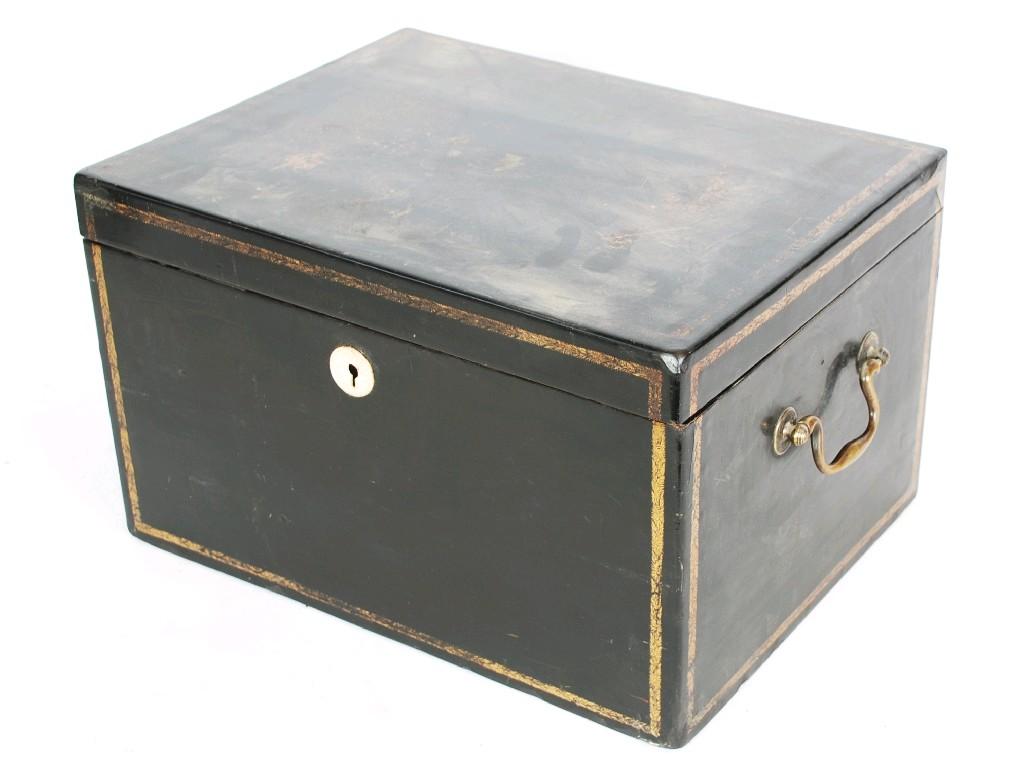 Appraisal: ORIENTAL BLACK LACQUERED STORAGE BOX the hinged lid with faded