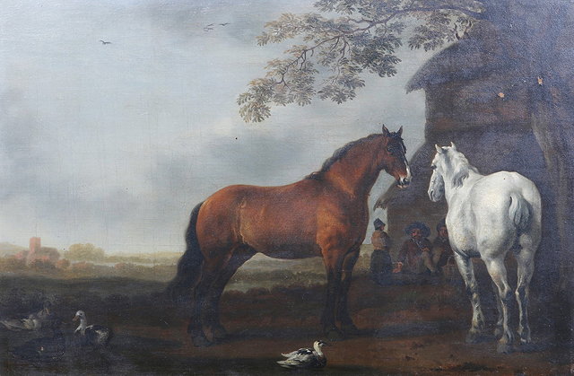 Appraisal: CIRCLE OF WOUTERUS VERSCHUUR - Landscape with horses ducks and