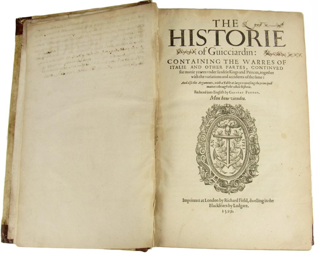 Appraisal: Guicciardini Francesco The historie of Guicciardin London Richard Field Folio