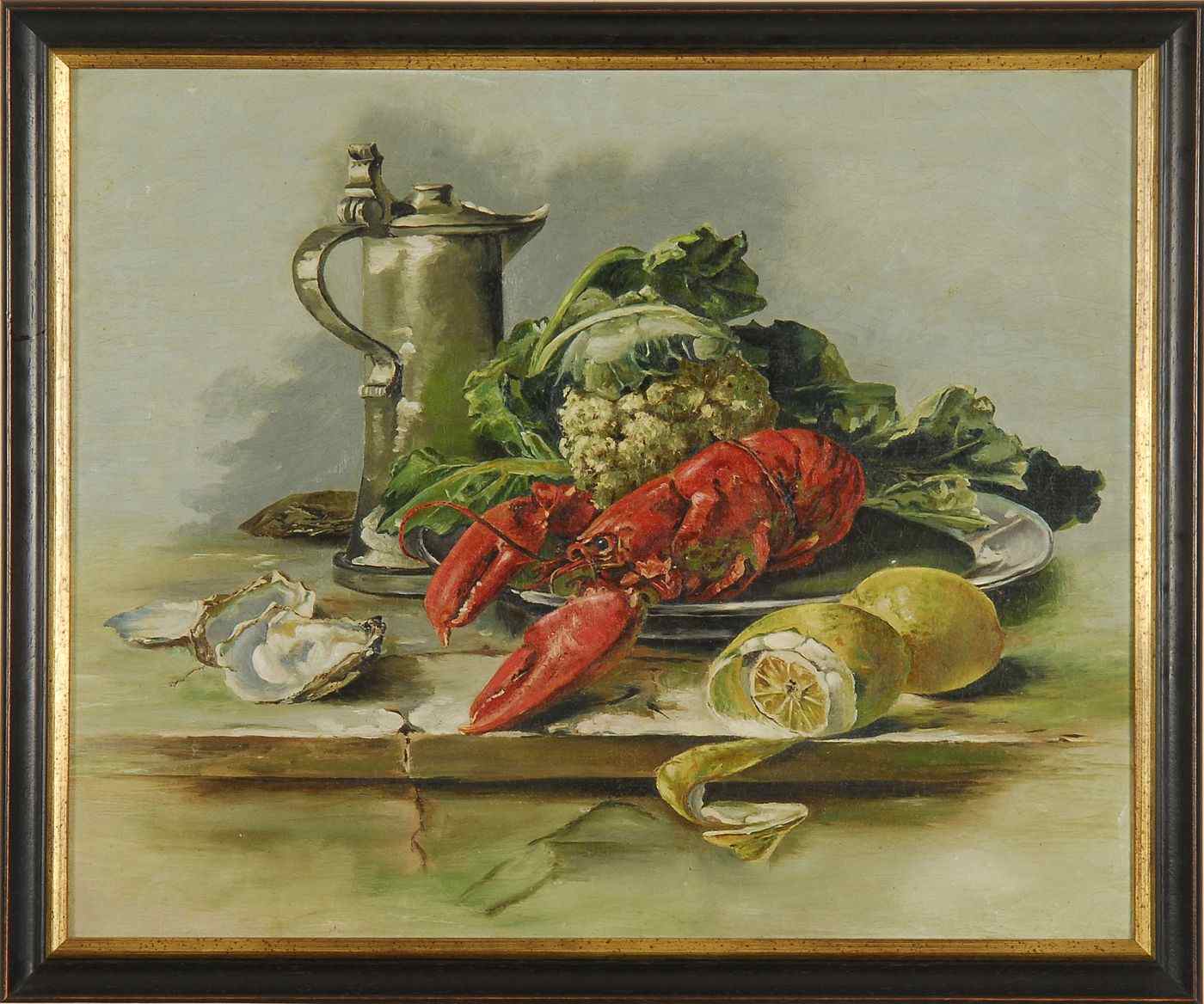 Appraisal: AMERICAN SCHOOLLate th CenturyStill life with lobsters oysters a pewter