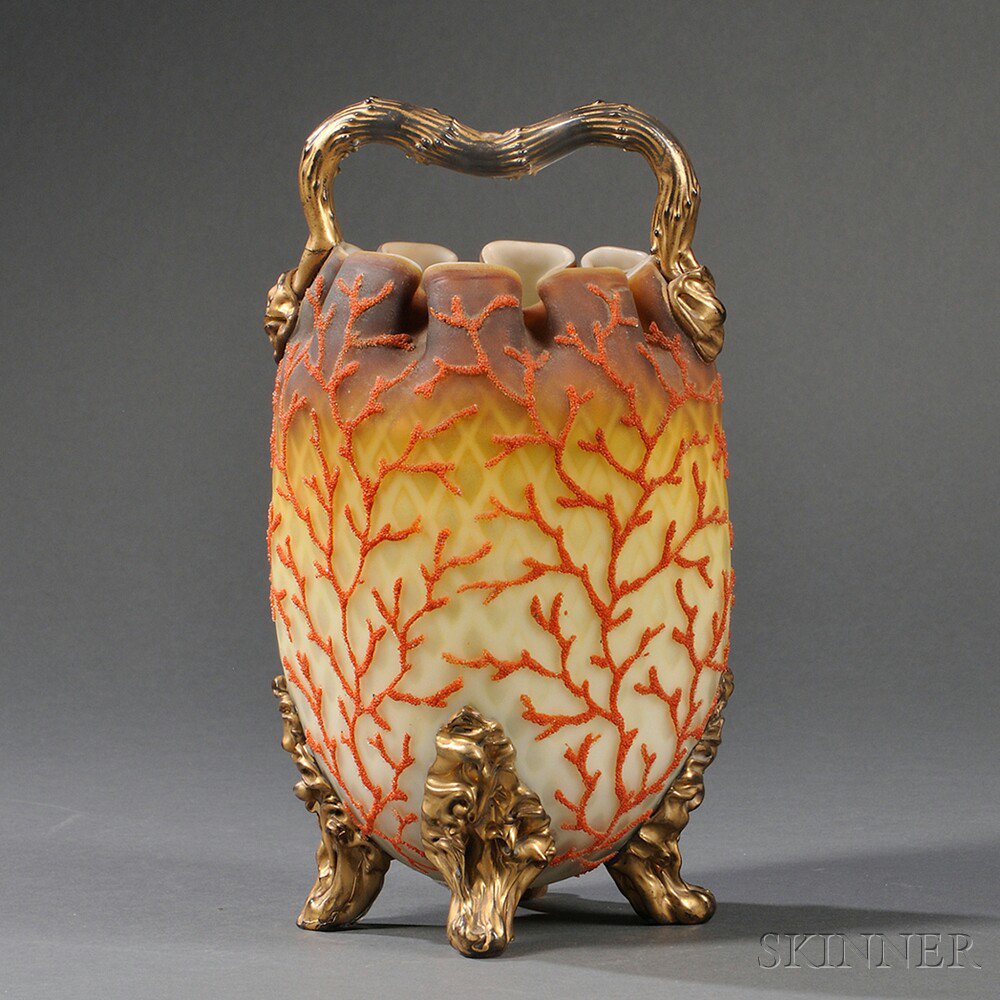 Appraisal: Coralene and Satin Glass Handled Vessel Art glass United States