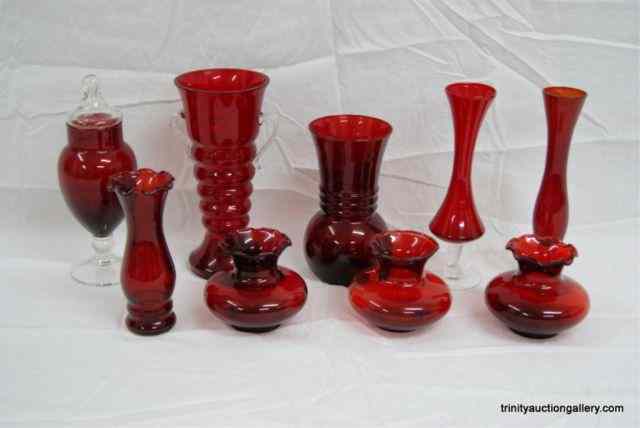 Appraisal: Group of Hand Blown Ruby Red Glass Vanity VasesFrom the