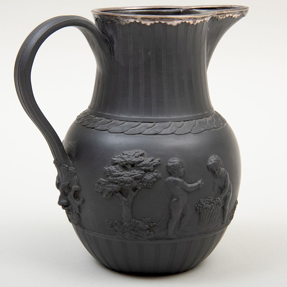 Appraisal: Wedgwood Black Basalt Silver-Mounted Jug Impressed lowercase mark the silver