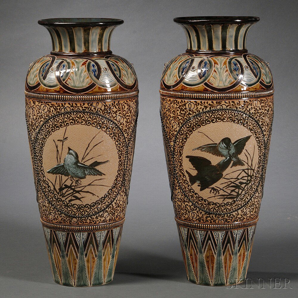 Appraisal: Pair of Doulton Lambeth Florence Barlow Decorated Stoneware Vases England