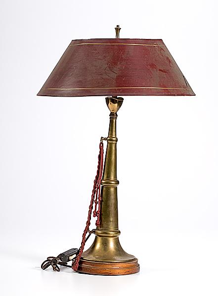 Appraisal: FIREFIGHTER'S BRASS SPEAKING TRUMPET LAMP A th century brass trumpet